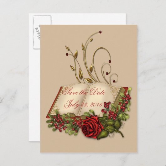 Rode rozen en open bijbel Opslaan Datum Aankondigingskaart (Voorkant / Achterkant)