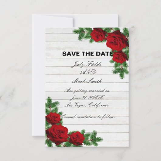 Rode rozen en pine tak kerst sparen de datum (Voorkant)