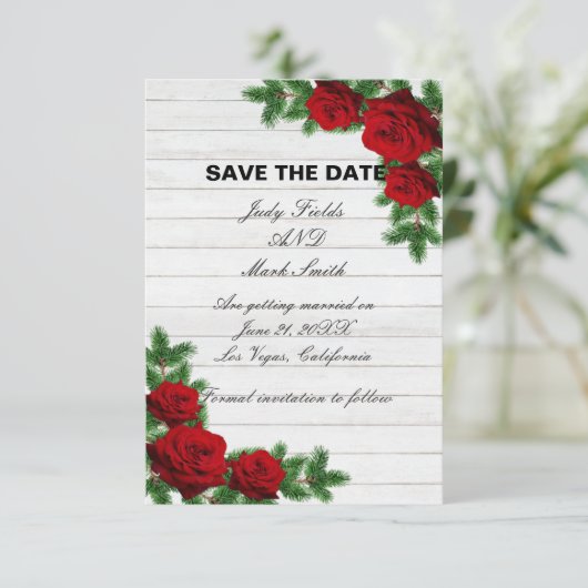 Rode rozen en pine tak kerst sparen de datum (Staand voorkant)