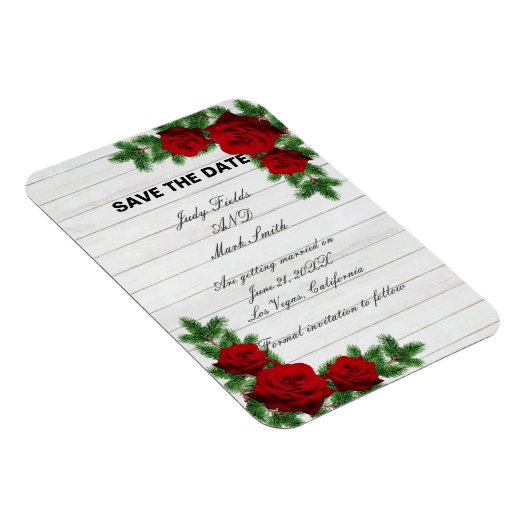 Rode rozen en pine tak kerst sparen de datum magneet (Rechterzijde)