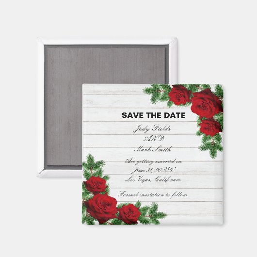 Rode rozen en pine tak kerst sparen de datum magneet (Voorkant / Achterkant)