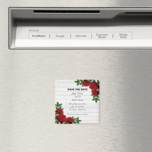 Rode rozen en pine tak kerst sparen de datum magneet (Insitu (Vaatwasser))