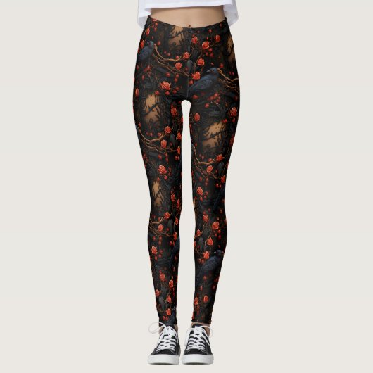 Rode Rozen en Ravens Gothic Alternative Bloemen Leggings (Voorkant)