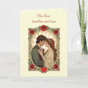 Rode Rozen en Romantiek Art Nouveau Vintage Illust Kaart