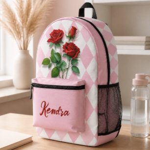 Rode rozen en roze en witte diamantpatroon bedrukte rugzak