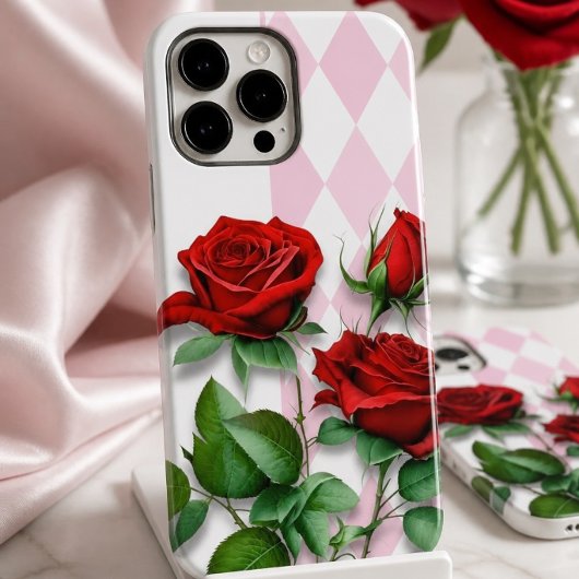 Rode rozen en roze en witte diamantpatroon Case-Mate iPhone case
