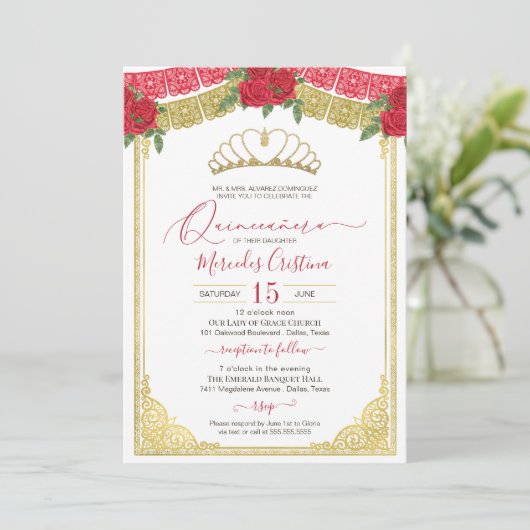Rode rozen en siergoud Elegant Quinceanera Kaart (Staand voorkant)