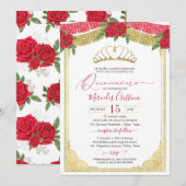 Rode rozen en siergoud Elegant Quinceanera Kaart (Voorkant / Achterkant)