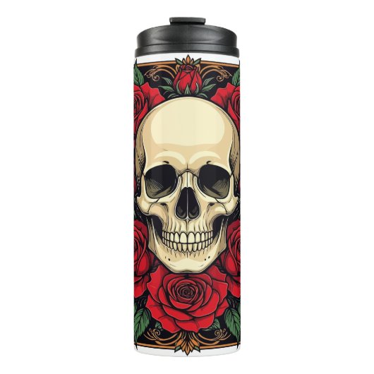 Rode Rozen En Skeletale Schedel Art Nouveau Thermosbeker (Voorkant)