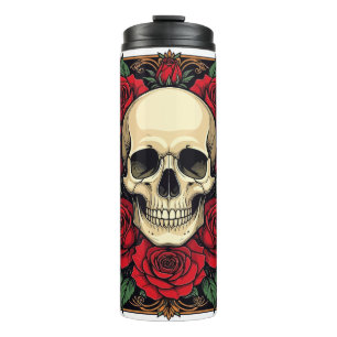 Rode rozen en skeletschedel Art Nouveau Thermosbeker
