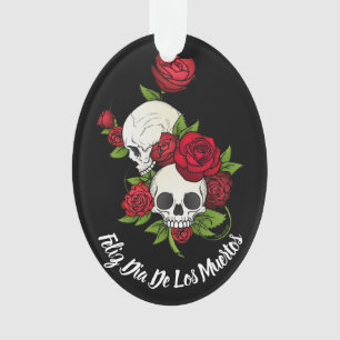 Rode rozen en Skulls Happy Day of the Dead Ornament