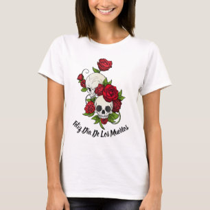 Rode rozen en Skulls Happy Day of the Dead T-shirt