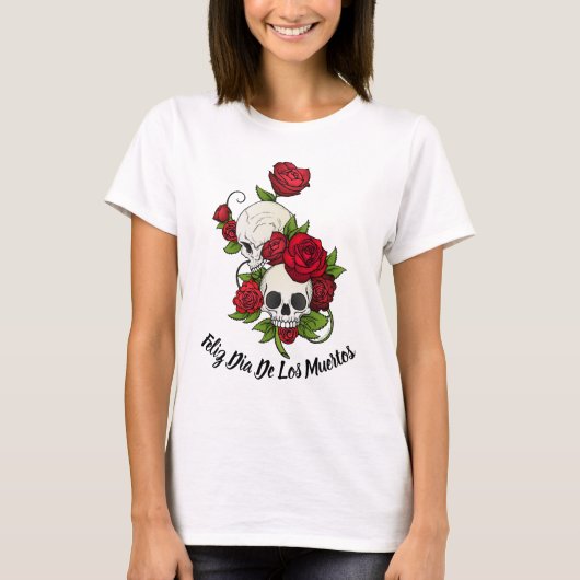 Rode rozen en Skulls Happy Day of the Dead T-shirt (Voorkant)