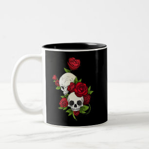 Rode rozen en Skulls Happy Day of the Dead Tweekleurige Koffiemok