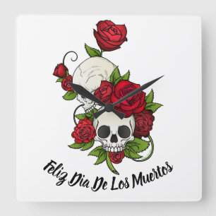 Rode rozen en Skulls Happy Day of the Dead Vierkante Klok