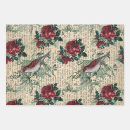  rode rozen en vogels inpakpapier vel
