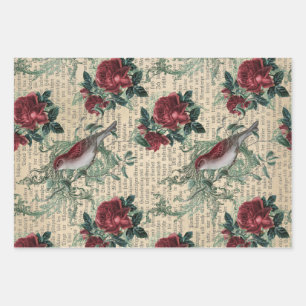 rode rozen en vogels inpakpapier vel