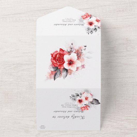 Rode rozen en witte bloemen elegante moderne bruil all in one uitnodiging (Buitenkant)