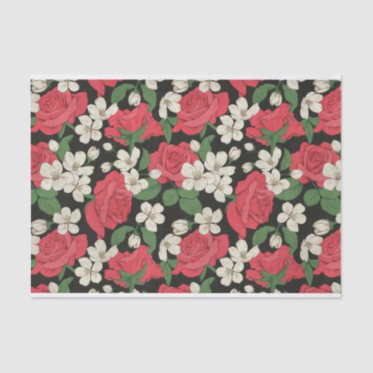Rode Rozen en Witte Bloemen Illustraties Patroon Tissuepapier (Voorkant)
