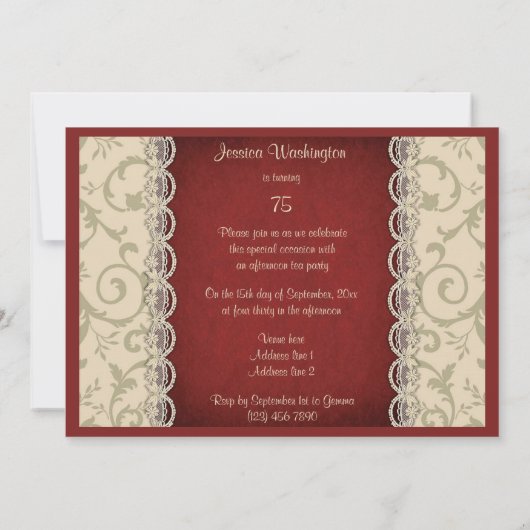 Rode rozen en witte kant 75e verjaardagsfeest kaart (Achterkant)