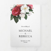 Rode rozen en witte Magnolia Botanical Wedding Drieluik Uitnodiging (Cover)