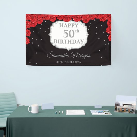 Rode rozen en zilveren glitters 50e verjaardag ban spandoek (Beurs)