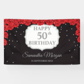 Rode rozen en zilveren glitters 50e verjaardag ban spandoek (Horizontaal)
