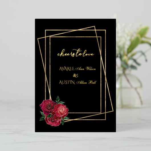 Rode Rozen en zwarte en goudolie Folie Uitnodiging (Staand Voorkant)