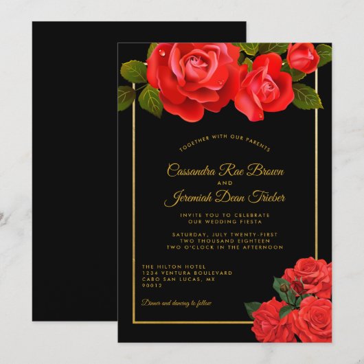 Rode rozen en zwarte formele huwelijksuitnodiging kaart (Voorkant / Achterkant)