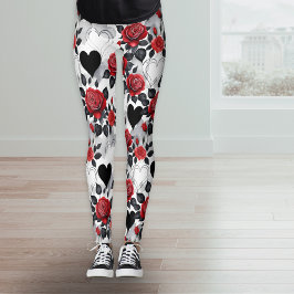 Rode Rozen en Zwarte Harten Romantisch Patroon Leggings