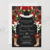 Rode rozen en zwarte Mariachi/Charro Quinceanera Kaart (Voorkant)