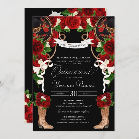 Rode rozen en zwarte Mariachi/Charro Quinceanera Kaart (Voorkant / Achterkant)