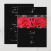 Rode rozen en zwarte monogram huwelijksuitnodiging kaart (Voorkant / Achterkant)