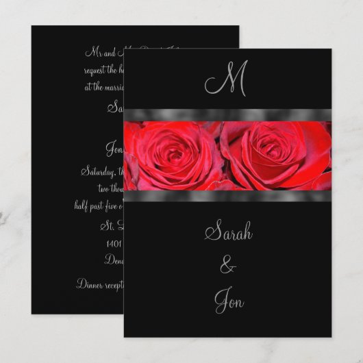 Rode rozen en zwarte monogram huwelijksuitnodiging kaart (Voorkant / Achterkant)