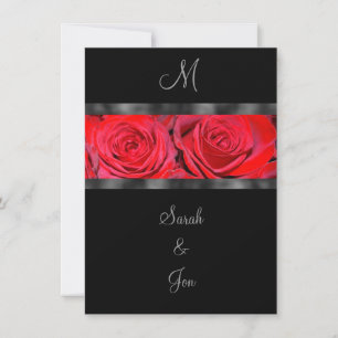 Rode rozen en zwarte monogram huwelijksuitnodiging kaart