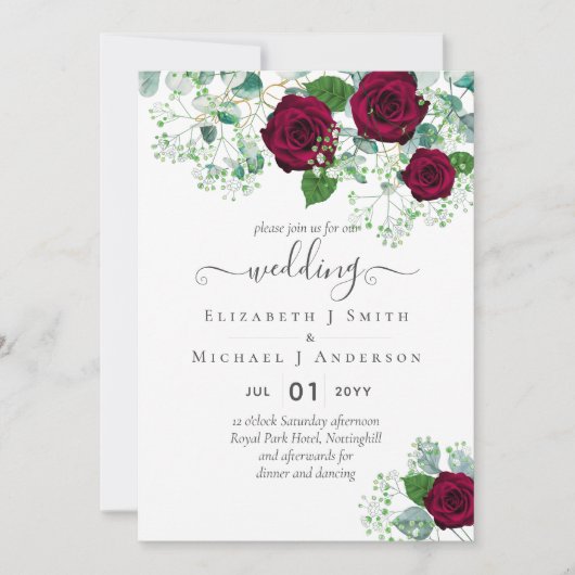 Rode rozen Eucalyptus Gedrukt of digitaal huwelijk Kaart (Voorkant)