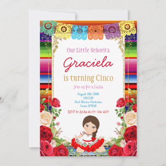 Rode Rozen Fiesta Verjaardag Gouden Meisje Kaart (Voorkant)