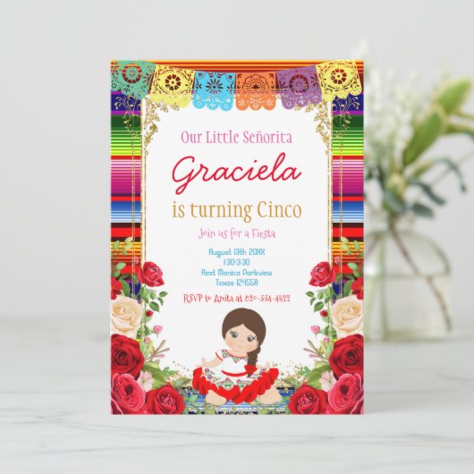 Rode Rozen Fiesta Verjaardag Gouden Meisje Kaart (Staand voorkant)