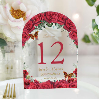 Rode Rozen Floral Goud Quinceañera 16 Tafelnummer