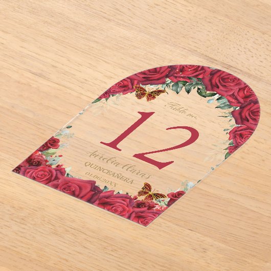Rode Rozen Floral Goud Quinceañera 16 Tafelnummer (Laagn)