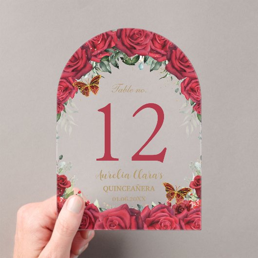 Rode Rozen Floral Goud Quinceañera 16 Tafelnummer (Insitu (Draagbaar))