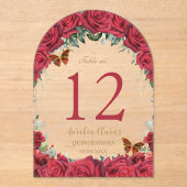 Rode Rozen Floral Goud Quinceañera 16 Tafelnummer (Voorkant)
