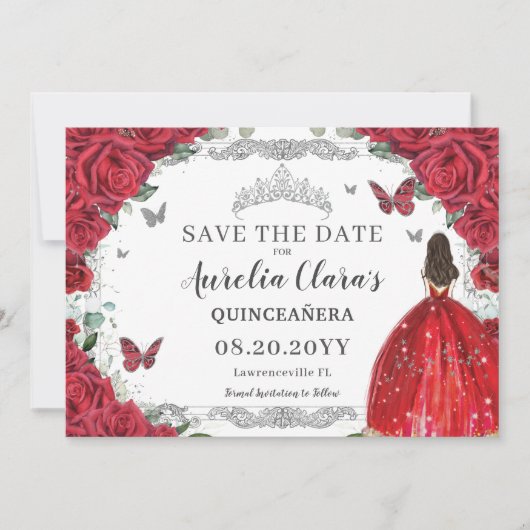 Rode Rozen Floral Jurk Quinceanera Sweet Sixteen Save The Date (Voorkant)