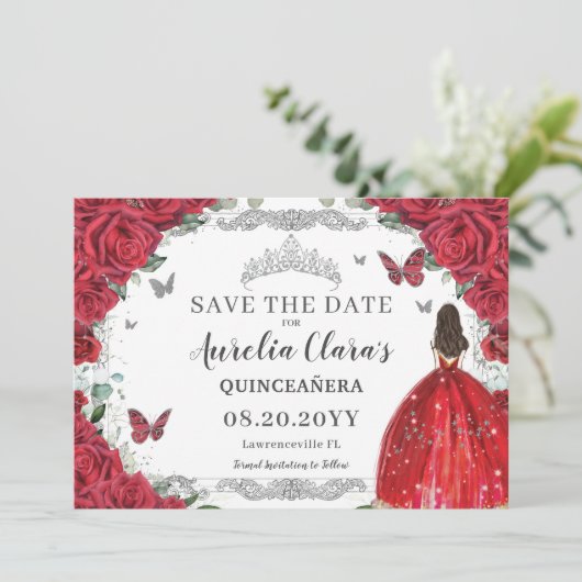 Rode Rozen Floral Jurk Quinceanera Sweet Sixteen Save The Date (Staand voorkant)