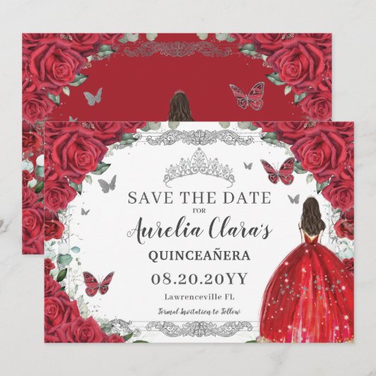 Rode Rozen Floral Jurk Quinceanera Sweet Sixteen Save The Date (Voorkant / Achterkant)