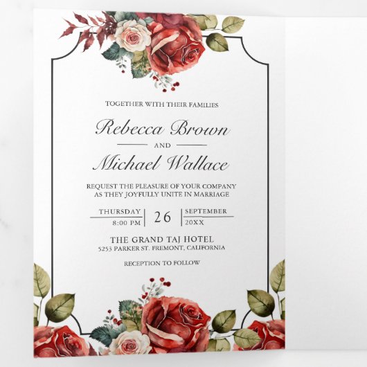 Rode rozen Floral Lijst in één QR-code bruiloft Drieluik Uitnodiging (Binnenzijde eerst)