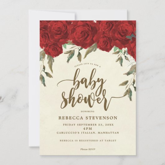 rode rozen florale baby shower uitnodiging (Voorkant)