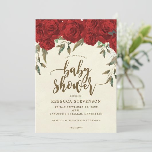 rode rozen florale baby shower uitnodiging (Staand voorkant)