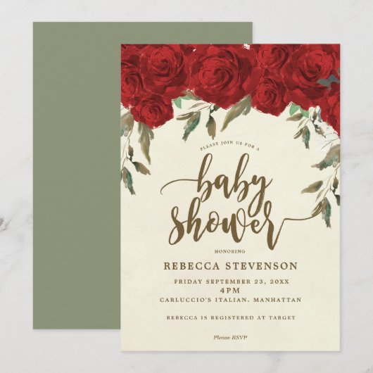 rode rozen florale baby shower uitnodiging (Voorkant / Achterkant)