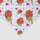 Rode rozen floreel patroon op lila blauwe cheques tissuepapier (Detail)